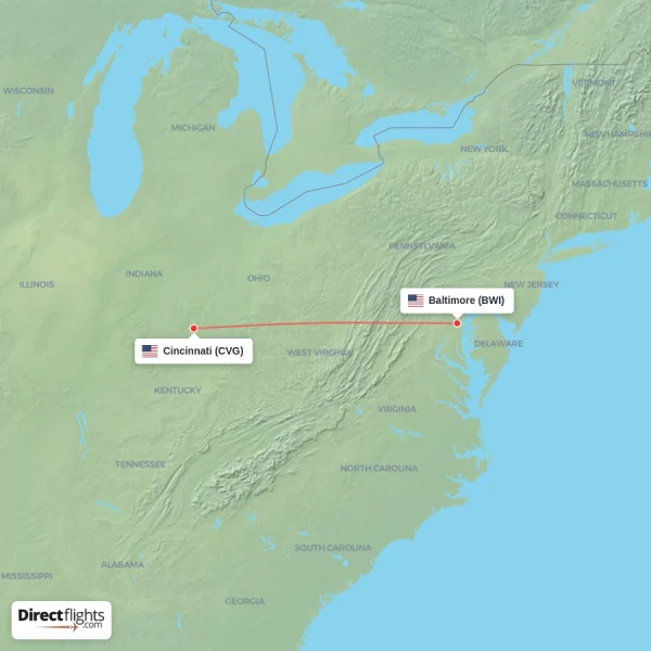 Baltimore - Cincinnati direct flight map