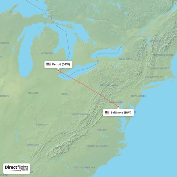 Baltimore - Detroit direct flight map