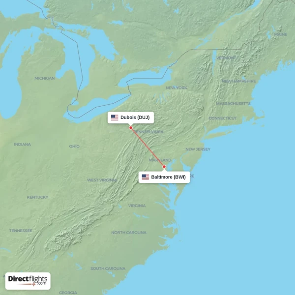 Baltimore - Dubois direct flight map