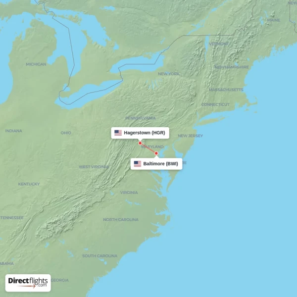 Baltimore - Hagerstown direct flight map