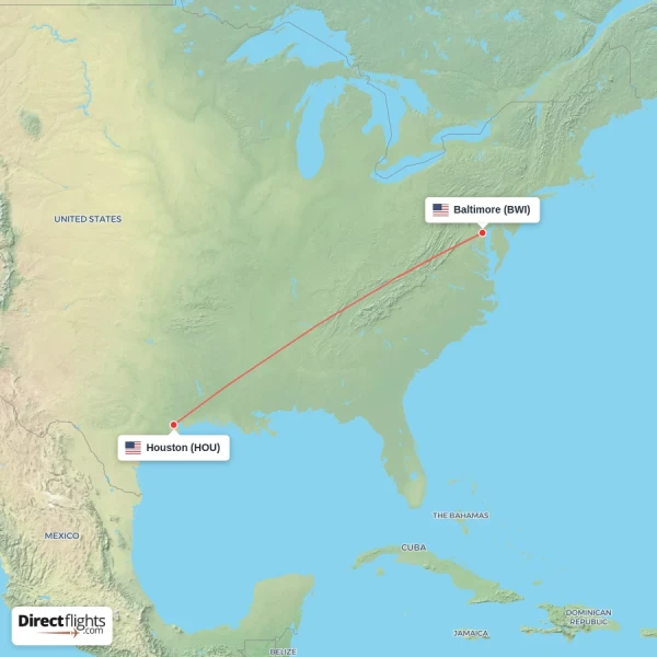 Baltimore - Houston direct flight map