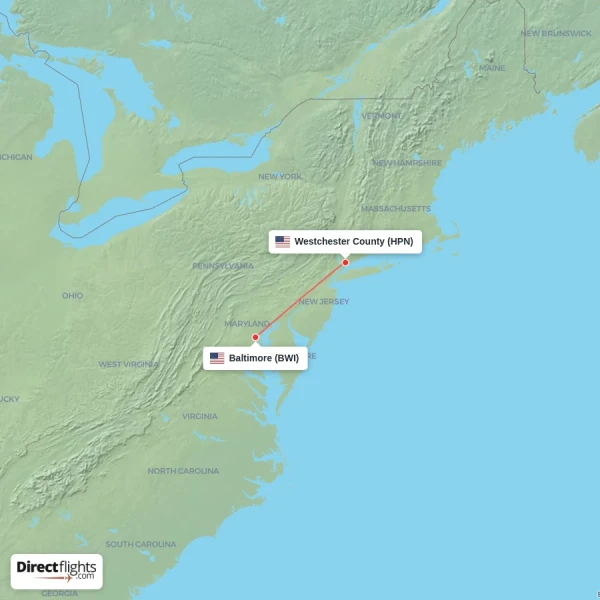 Baltimore - Westchester County direct flight map