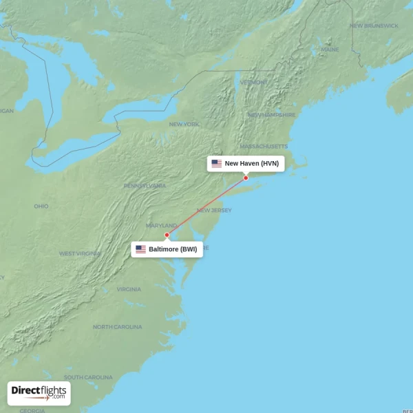 Baltimore - New Haven direct flight map
