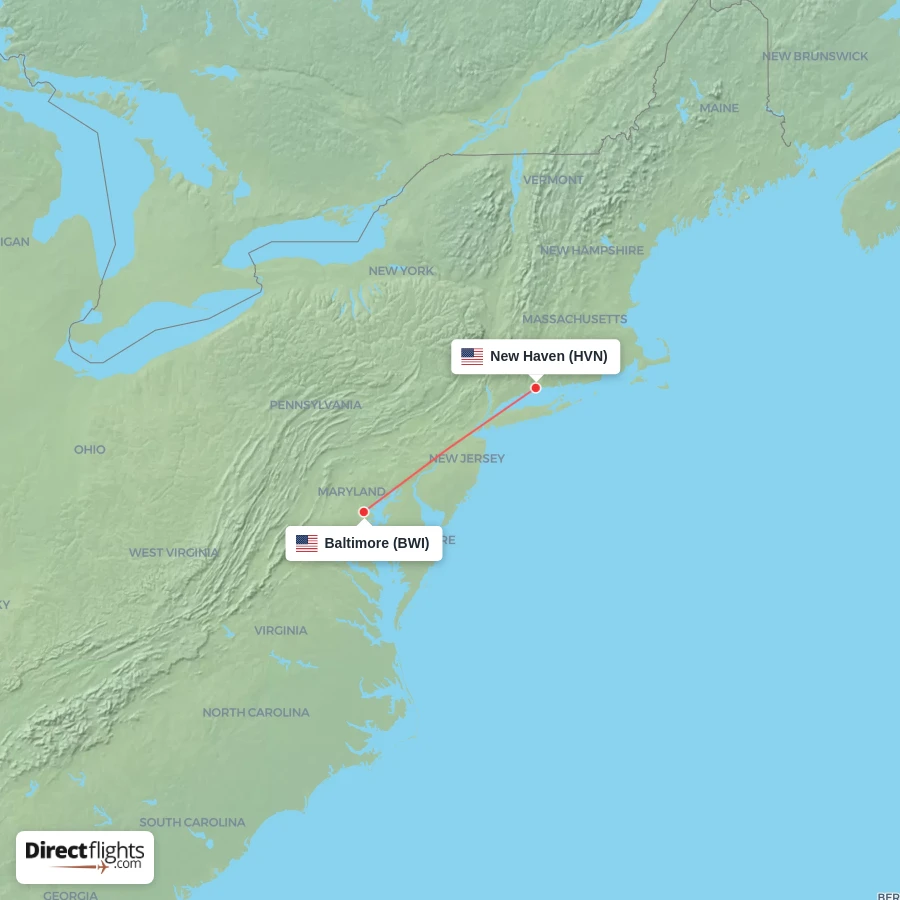 BWI - HVN route map
