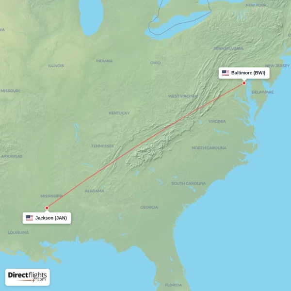 Baltimore - Jackson direct flight map