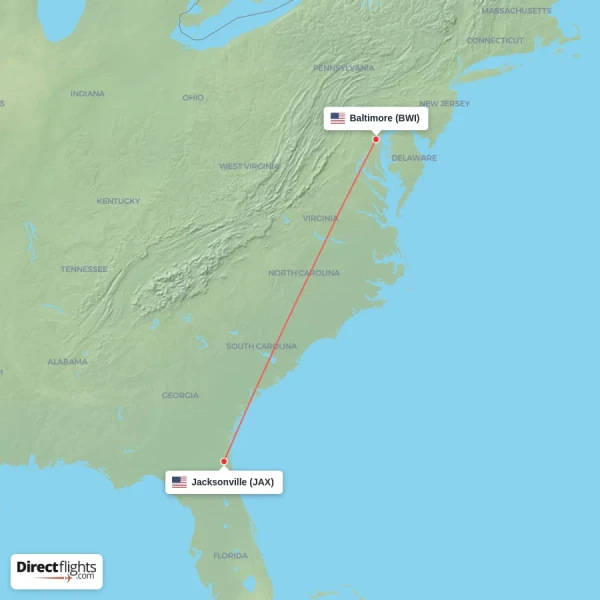 Baltimore - Jacksonville direct flight map