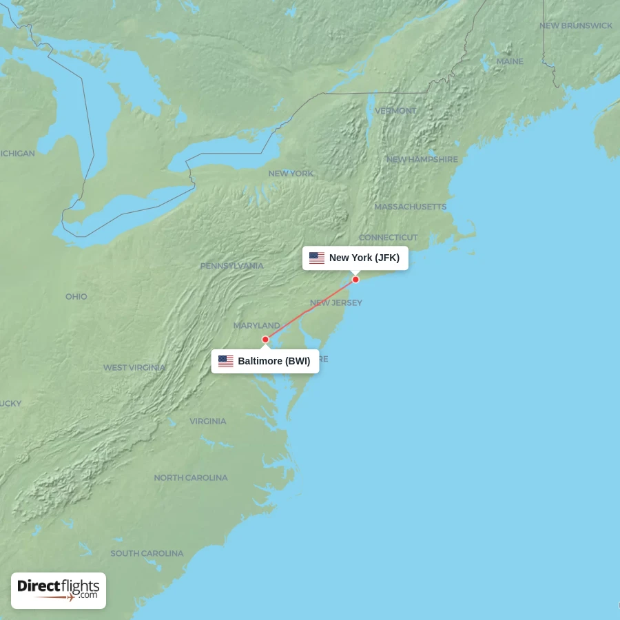 BWI - JFK route map