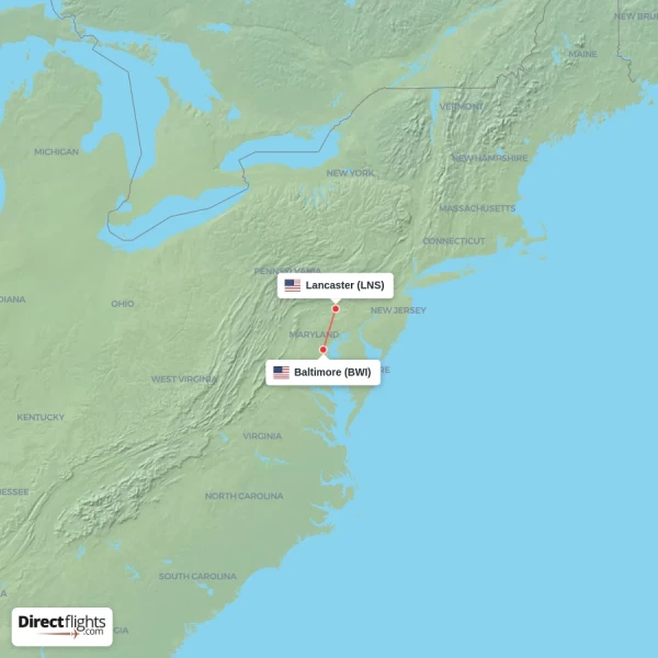 Baltimore - Lancaster direct flight map