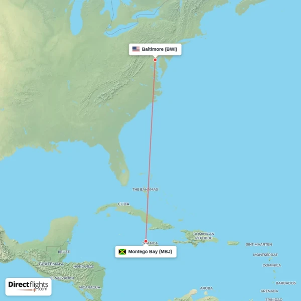 Baltimore - Montego Bay direct flight map