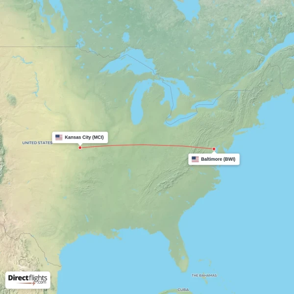 Baltimore - Kansas City direct flight map