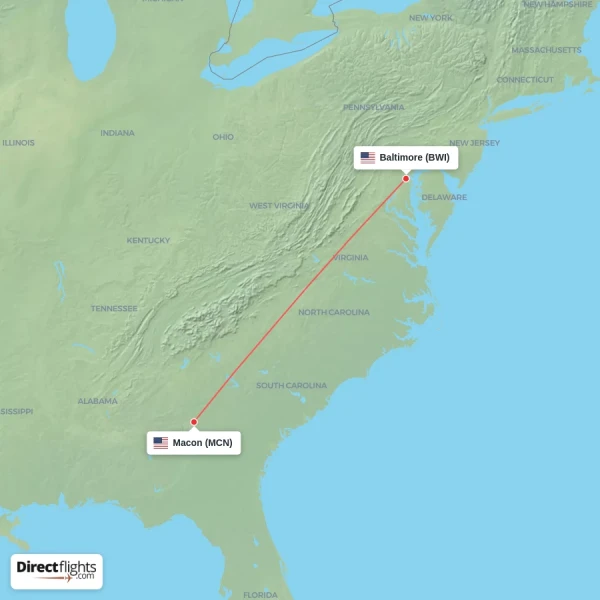 Baltimore - Macon direct flight map