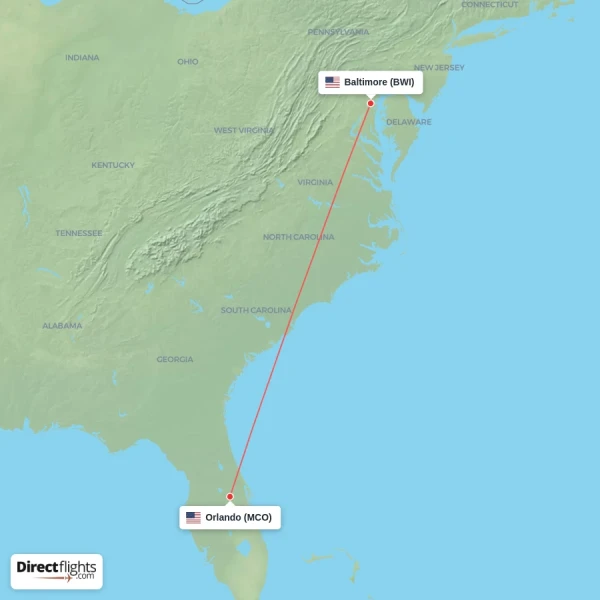 Baltimore - Orlando direct flight map