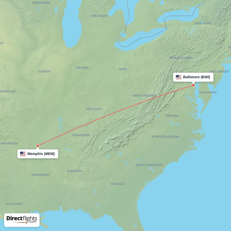 BWI - MEM route map