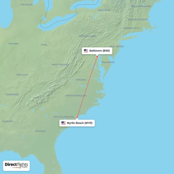 Baltimore - Myrtle Beach direct flight map