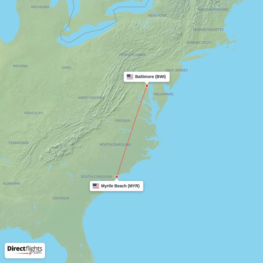 BWI - MYR route map