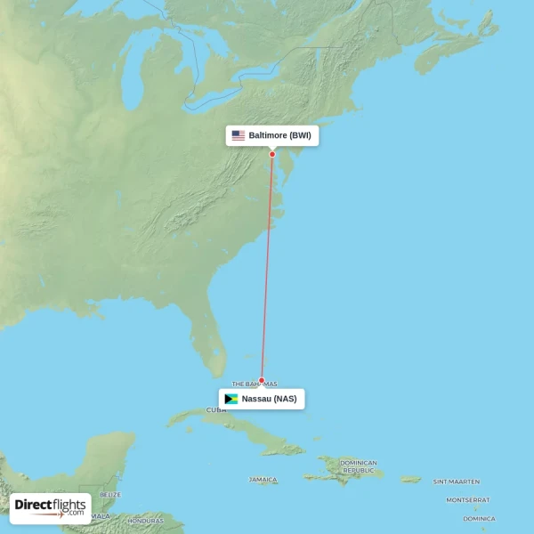 Baltimore - Nassau direct flight map