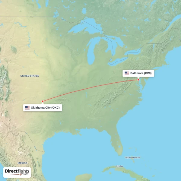 Baltimore - Oklahoma City direct flight map