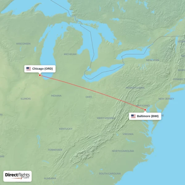 Baltimore - Chicago direct flight map