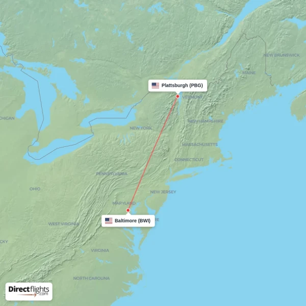 Baltimore - Plattsburgh direct flight map