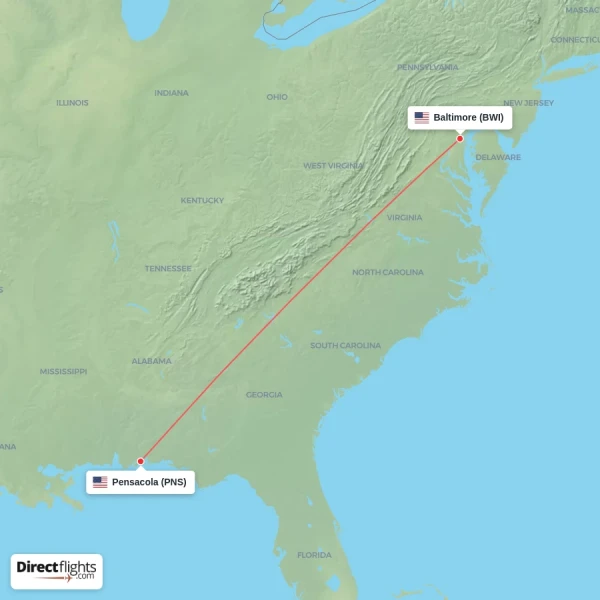 Baltimore - Pensacola direct flight map