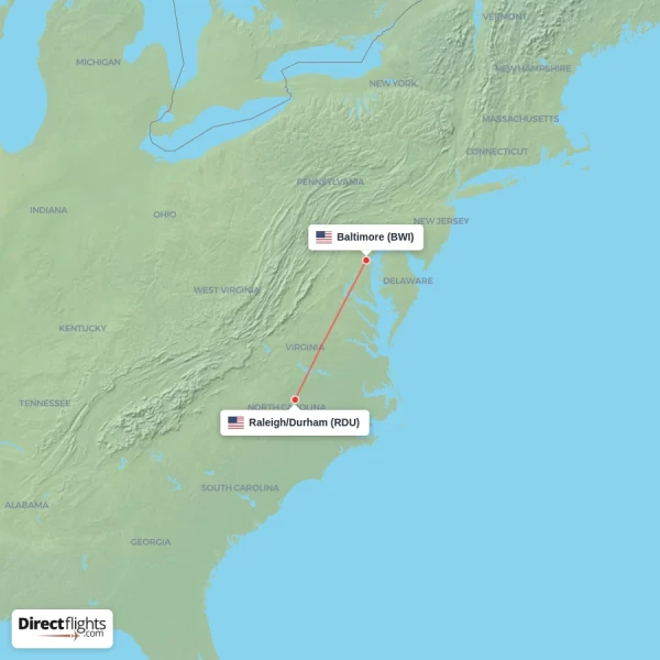Baltimore - Raleigh/Durham direct flight map