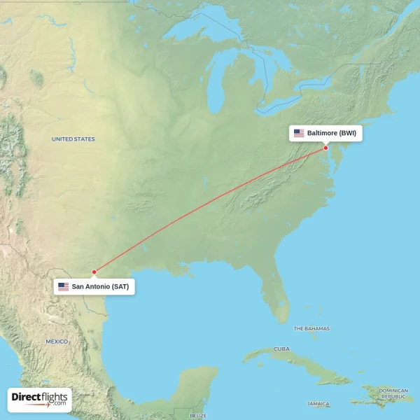 Baltimore - San Antonio direct flight map