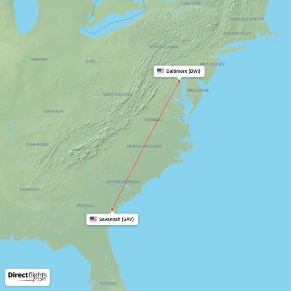 Baltimore - Savannah direct flight map