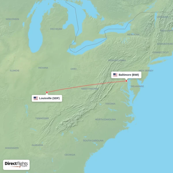 Baltimore - Louisville direct flight map