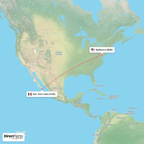 Baltimore - San Jose Cabo direct flight map