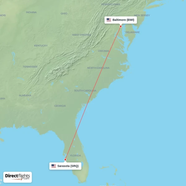 Baltimore - Sarasota direct flight map