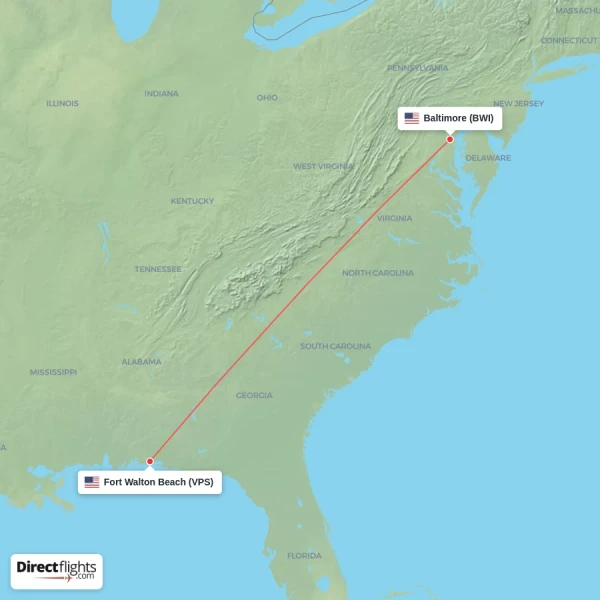 Baltimore - Fort Walton Beach direct flight map