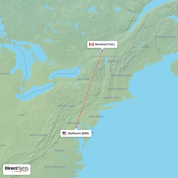 Baltimore - Montreal direct flight map