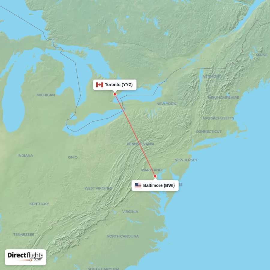 BWI - YYZ route map