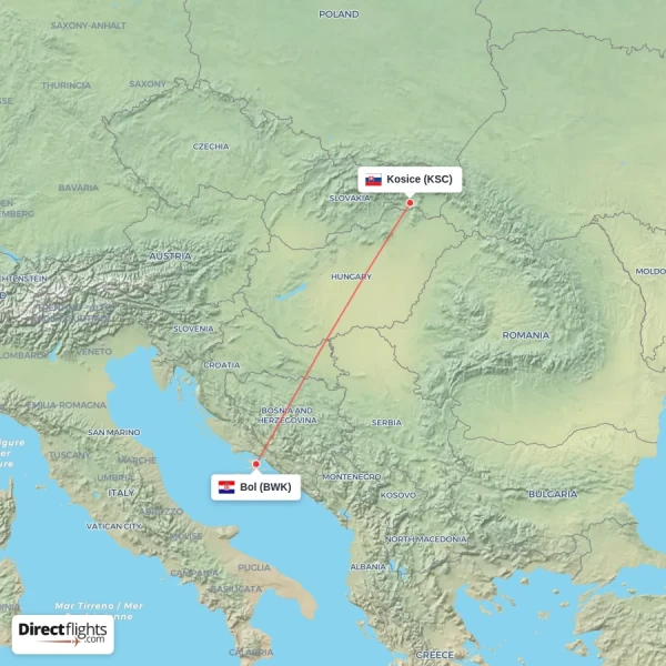 Bol - Kosice direct flight map