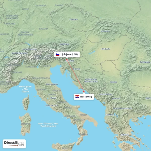 Bol - Ljubljana direct flight map