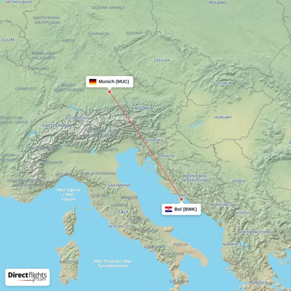 Bol - Munich direct flight map