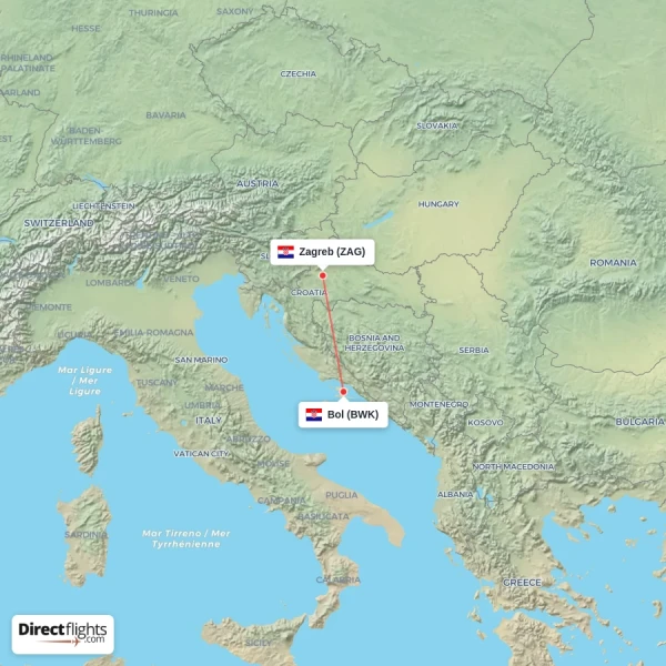 Bol - Zagreb direct flight map