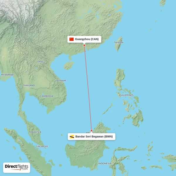 Bandar Seri Begawan - Guangzhou direct flight map