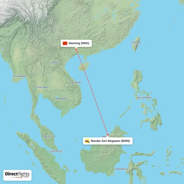 Bandar Seri Begawan - Nanning direct flight map