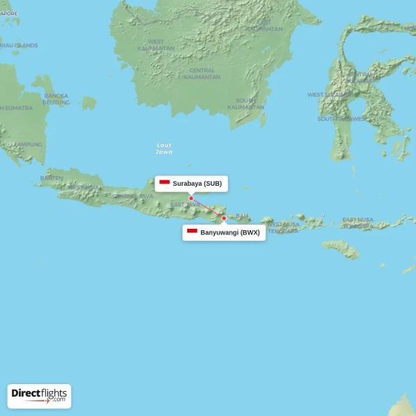 Banyuwangi - Surabaya direct flight map