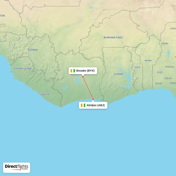 Bouake - Abidjan direct flight map
