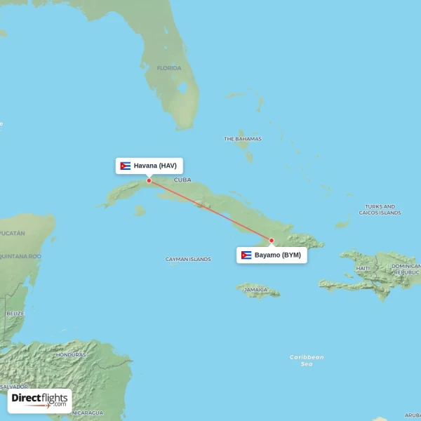 Bayamo - Havana direct flight map