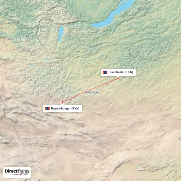 Bayankhongor - Ulaanbaatar direct flight map