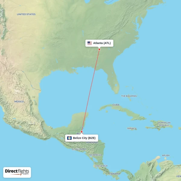 Belize City - Atlanta direct flight map