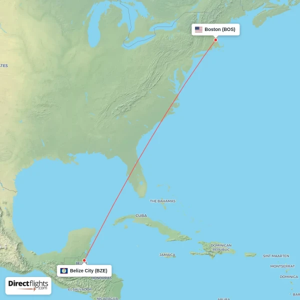 Belize City - Boston direct flight map