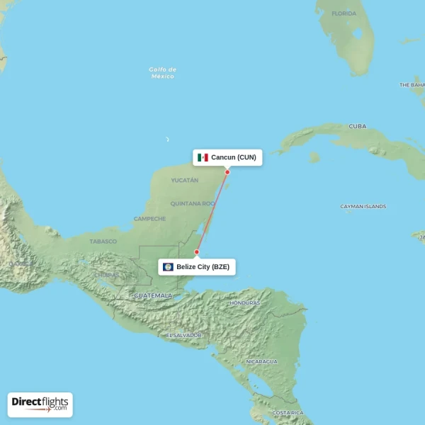 Belize City - Cancun direct flight map