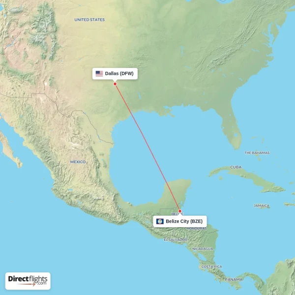 Belize City - Dallas direct flight map