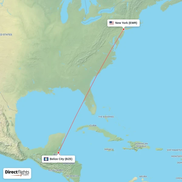 Belize City - New York direct flight map