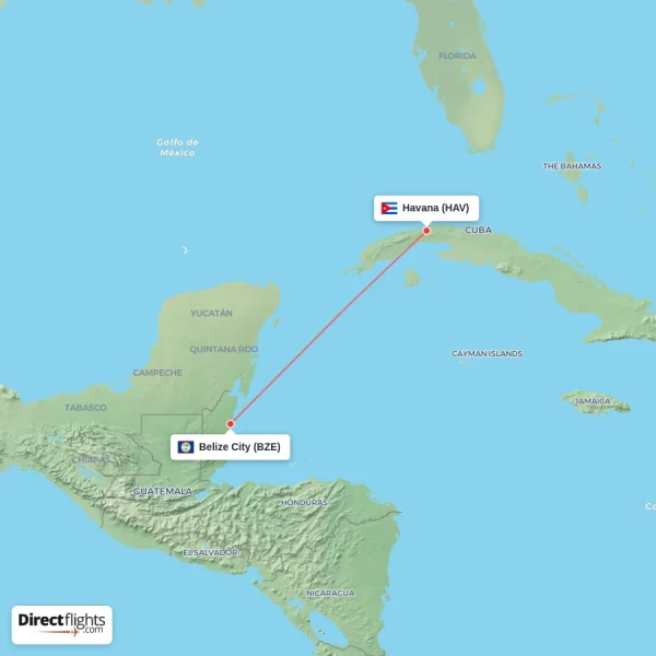 Belize City - Havana direct flight map
