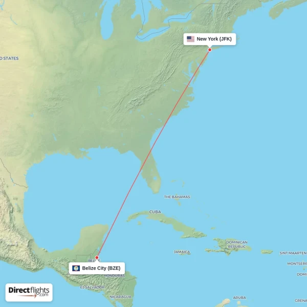 Belize City - New York direct flight map